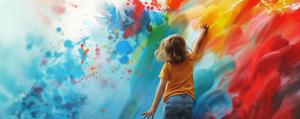 A young child with curly hair in a yellow shirt reaches out to a vibrant explosion of paint splashes, igniting creativity and play