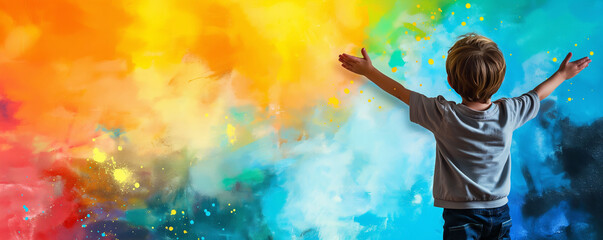 Child in a grey shirt with outstretched arms immersed in a whirl of abstract paint splashes, symbolizing joyful expression and imagination