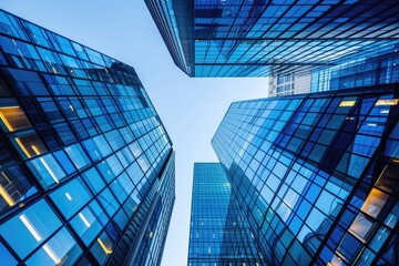 Reflective Glass Skyscrapers Soaring into Blue Sky - Urban Architecture and Corporate Design - obrazy, fototapety, plakaty