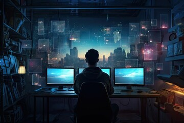 Man in front of a desk, looking attentively at a computer monitor, AI-generated.