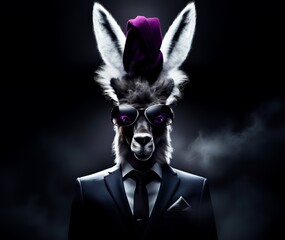 Naklejka premium With a posture of sophistication, an alpaca in a tailored business suit emerges from a dark background, a portrait of elegance and command, Futuristic