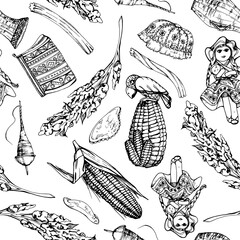 Hand drawn ink vector illustration, maize corn quinoa food, traditional embroidered clothes South Central America, Seamless pattern isolated on white background. Design travel, menu, brochure, print