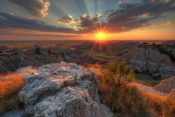 The Magnificent Badlands National Park at Sunrise: A Stunning View of the West - obrazy, fototapety, plakaty