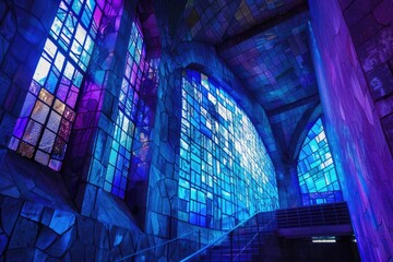 Thick Blue Stained Glass: Vintage Interior View of Church of City showcasing Stunning Blue and Purple Stained-Glasses - obrazy, fototapety, plakaty