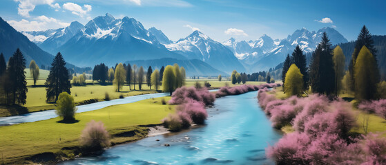 Serene alpine landscape with blossoming trees by a winding river at springtime. A tranquil river cuts through a lush valley with blooming trees, backdropped by majestic mountains - obrazy, fototapety, plakaty