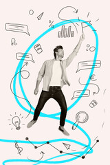 Creative trend collage of entrepreneur male jump solve task employee professional expert goal weird...