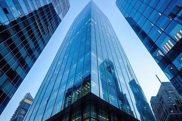 Fototapeta na wymiar Modern Glass Skyscraper Towering into a Clear Blue Sky - Architectural Elegance and Urban Development