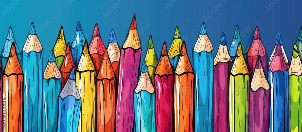 Poster an array of vibrant magenta, coneshaped pencils are neatly arranged in a row on a stylish electric b