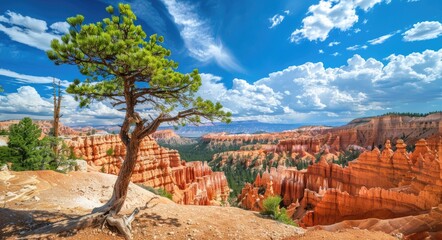 Vibrant Red Sandstone at Canyon National Park, Geologic Wonders with Trees in Natural Landscape.  - obrazy, fototapety, plakaty