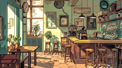 Cozy vintage cafe interior illustration