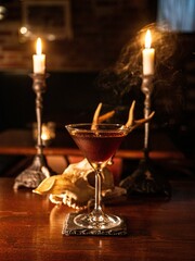 Vertical shot of a cocktail with lit candles in the background.