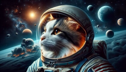 portrait of a cat in an astronaut's spacesuit. Animal in space. Cosmonautics Day. Advances in space science