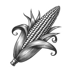 corn cob with pop corn husk and kernel texture sketch engraving generative ai fictional character raster illustration. Scratch board imitation. Black and white image. - obrazy, fototapety, plakaty