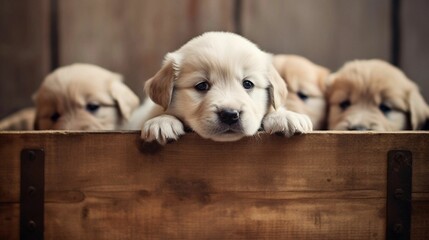 Group of young, playful puppies happily in a wooden crate. - obrazy, fototapety, plakaty