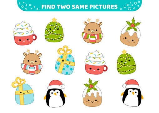Christmas elements and animals. Kawaii. Find two same pictures. Game for children. Cartoon, vector