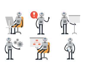humanoid robot characters in various poses vector set