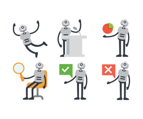 humanoid robot characters in various poses vector set