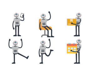 humanoid robot characters in various poses vector set