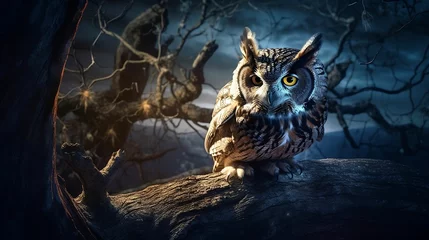 Foto op Plexiglas Majestic owl perched on a tree branch in a dark, mysterious forest at night, AI-generated. © Wirestock