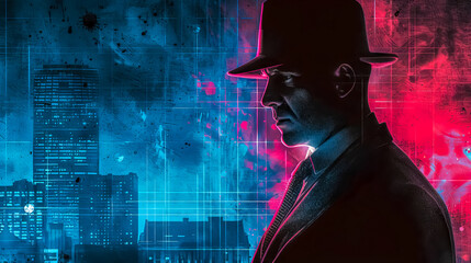 Mysterious detective in neon cityscape