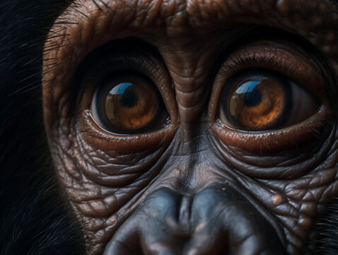 AI generated illustration of a gorilla with glowing eyes in a natural habitat looking at the camera