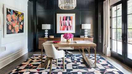 home office is brightened by a playful, geometric-patterned rug in bold colors, adding a touch of whimsy beneath a clean-lined desk