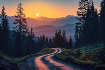 Winding Mountain Road through a Lush Forest at Sunrise - Journey into Nature's Serenity - obrazy, fototapety, plakaty
