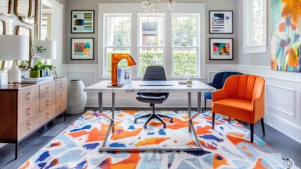 home office is brightened by a playful, geometric-patterned rug in bold colors, adding a touch of whimsy beneath a clean-lined desk