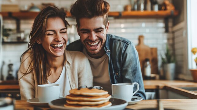 Young couple laughing at breakfast