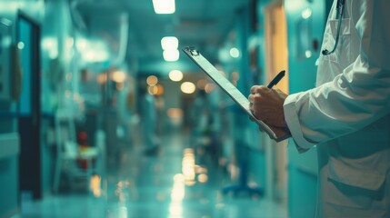 Closeup of Doctor Writing on a Clipboard in Hospital Corridor