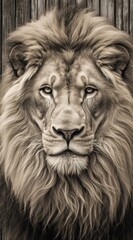 AI generated illustration of a black and white close-up of a lion's face