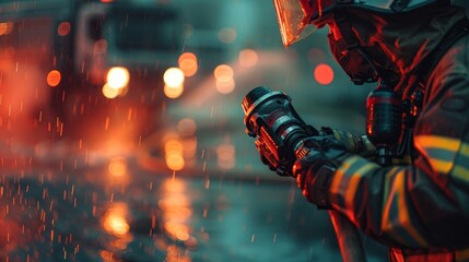 Closeup of Firefighter Adjusting Hose in Rain with Blurred Lights
