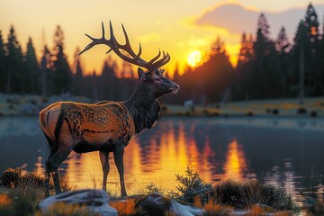 deer standing by the lake at sunset in the forest  - obrazy, fototapety, plakaty