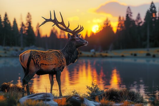 deer standing by the lake at sunset in the forest 