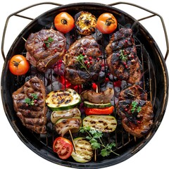 Delicious grilled meat with vegetables sizzling over the coals on barbecue. 