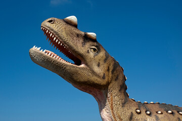 t rex dinosaur a portrait on a blue sky background