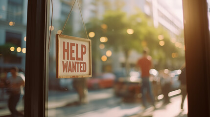 AI generated illustration of 'Help wanted' sign in a city store window