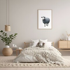 AI generated illustration of a sheep standing in a spacious bedroom corner, accompanied by two dogs