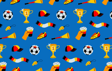 Football match championship wallpaper on blue background. Seamless pattern of Germany soccer elements. Sports event and fan culture concept. Design for textile, wallpaper, print.