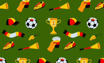 Football match championship wallpaper on dark green background. Seamless pattern of Germany soccer elements. Sports event and fan culture concept. Design for textile, wallpaper, print. - obrazy, fototapety, plakaty