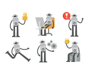 humanoid robot characters in various poses vector set