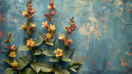 Gentle Flowers Emerge From A Crumbling Turquoise Tapestry