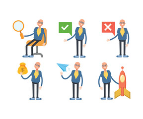 bald businessman characters set in various poses vector illustration