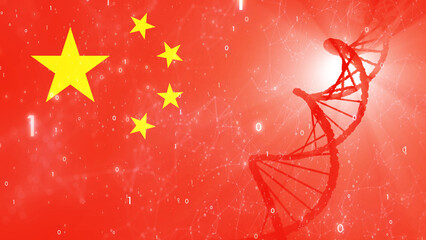 Abstract dna molecule on artistic digital China flag, futuristic science illustration background.  - 779564474
