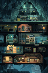 A 2D retro rpg game style of a cross-section of an underground base with various rooms