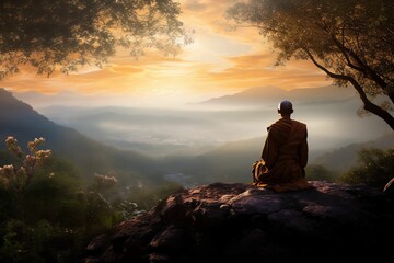 AI generated illustration of a silhouette of a monk meditating atop a mountain peak as the sun sets