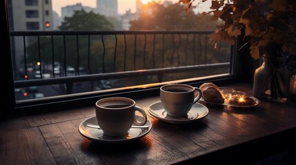 AI generated illustration of two cups of coffee on the balcony during the sunrise