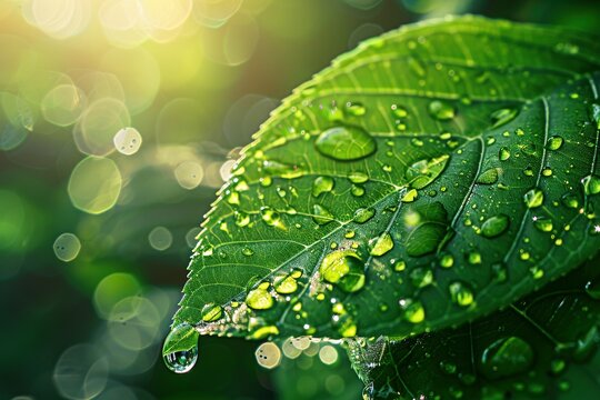 Wassertropfen auf einem grünen Blatt nach dem Regen 