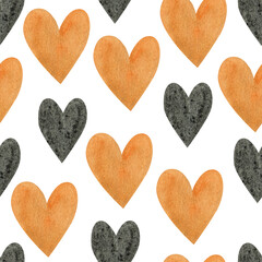 Yellow and brown hearts. Seamless pattern. Watercolor illustration