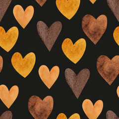 Yellow and brown hearts. Seamless pattern. Watercolor illustration
